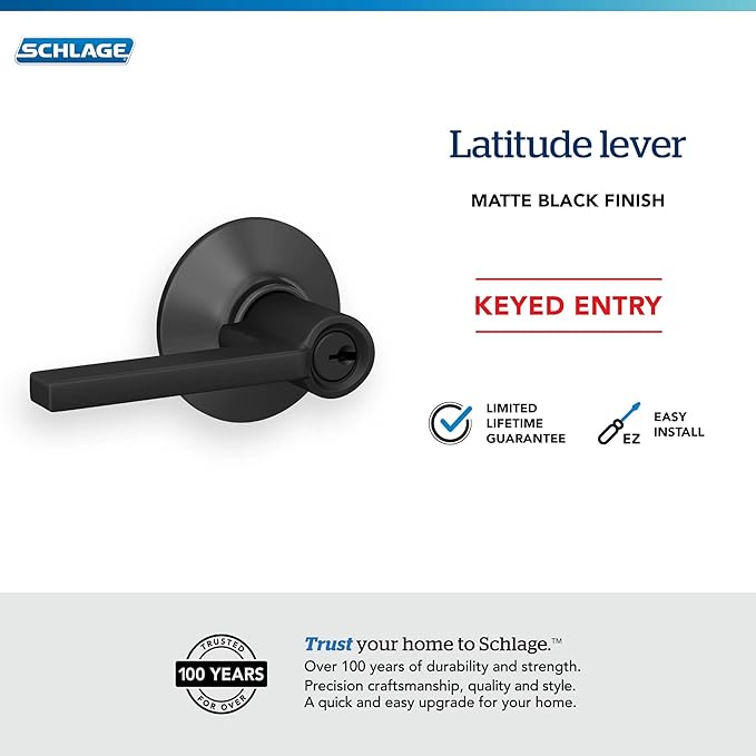 Schlage F51 V LAT 622 Latitude Door Lever, Keyed Entry Lock, Matte Black