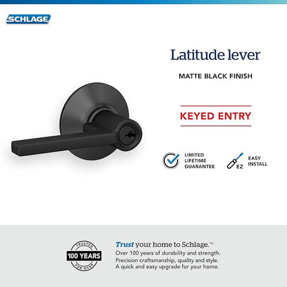 Schlage F51 V LAT 622 Latitude Door Lever, Keyed Entry Lock, Matte Black
