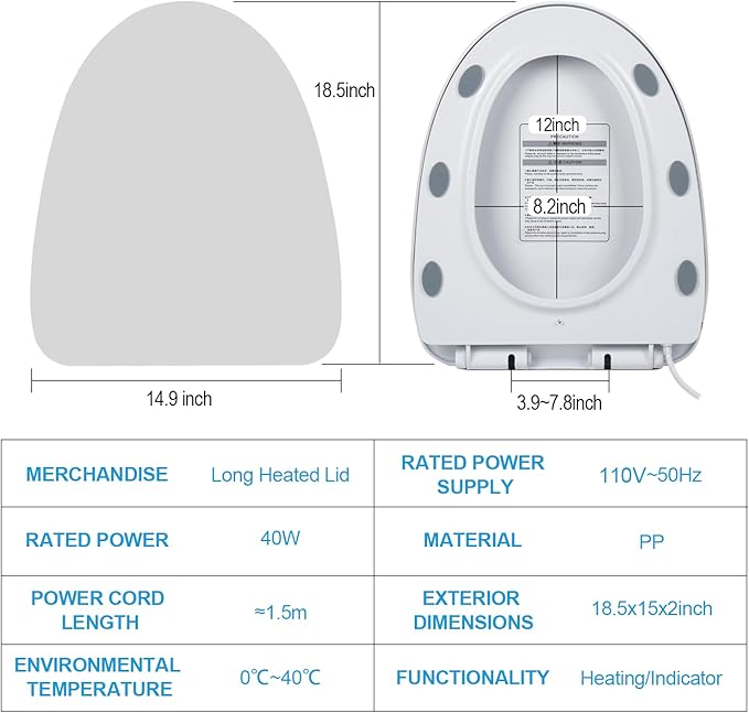 Heated Toilet Seat with Temperature Display and Built-in Side Control, 3-Speed Heating Mode Elongated Toilet Seats with Earth Leakage Protection, Slow Close Warming Toilet Seat with Auto Night Light