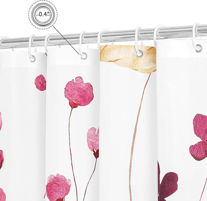 Pink Yellow Beige Watercolor Floral Fabric Shower Curtain, 72x72 | Waterproof Fabric, Modern Minimalist Floral Print, Machine Washable, Rustproof Grommets, for Bathroom Home