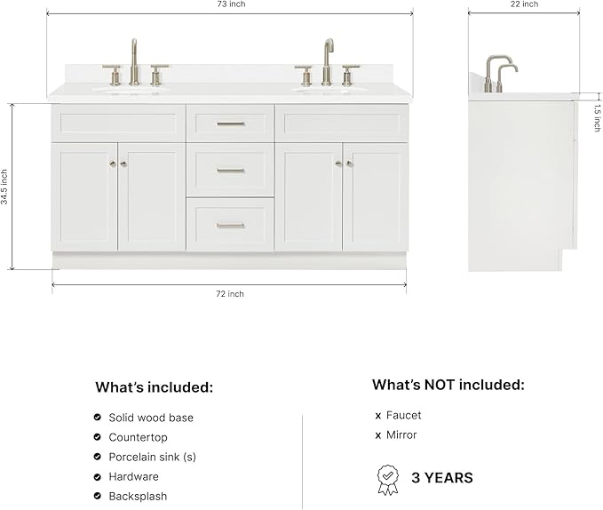 ARIEL Hamlet 72-inch Bathroom Vanity with Sink,Solid Wood, 1.5-inch Pure White Quartz Countertop & Backsplash, Double Oval Porcelain Sink, 4 Soft Closing Doors, 3 Dovetail Drawers, White