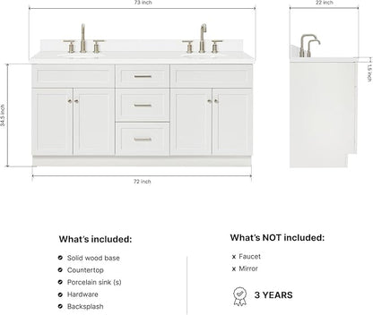 ARIEL Hamlet 72-inch Bathroom Vanity with Sink,Solid Wood, 1.5-inch Pure White Quartz Countertop & Backsplash, Double Oval Porcelain Sink, 4 Soft Closing Doors, 3 Dovetail Drawers, White