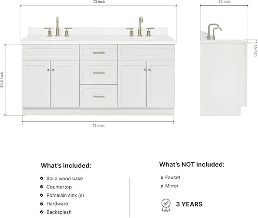 ARIEL Hamlet 72-inch Bathroom Vanity with Sink,Solid Wood, 1.5-inch Pure White Quartz Countertop & Backsplash, Double Oval Porcelain Sink, 4 Soft Closing Doors, 3 Dovetail Drawers, White