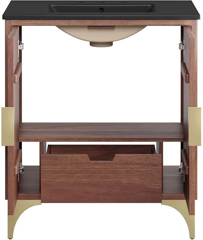 Modway Daylight Bathroom Vanity Cabinet with Ceramic Sink Basin, 30 Inch, Black Walnut