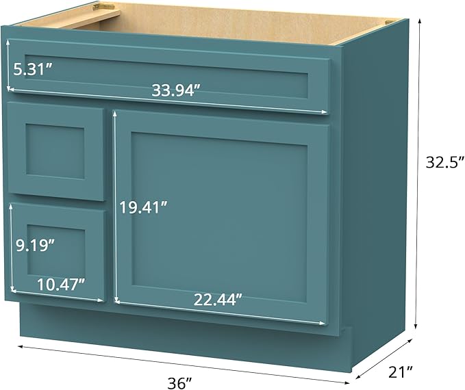 Vanity Art 36 Inch Single Bathroom Vanity Base Cabinet with 2 Functioning Shaker Drawers, Strudy Floor Mount Green Storage Cabinet Organizer for Bedroom, Living Room VA4036-2RGN