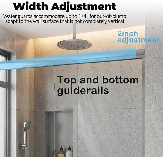 Aluminum Alloy Sliding Shower Door, Adjustable 50"-60" W x 72" H, Dual 8mm (5/16") Tempered Glass with Coating, Brushed Anodized Aluminum Frame & Brushed Nickel Square Track