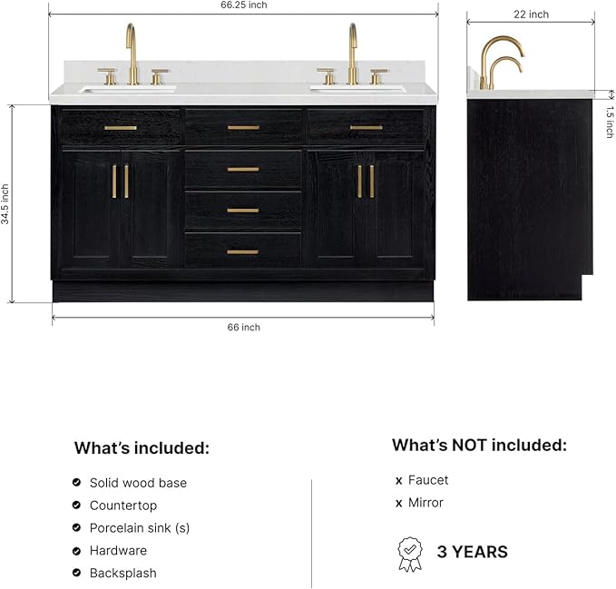 ARIEL Hepburn 66-inch Bathroom Vanity with Sink,Solid Wood, 1.5-inch Carrara White Quartz Countertop, Double Rectangular Porcelain Sink, 4 Soft Closing Doors, 6 Dovetail Drawers, Black Oak