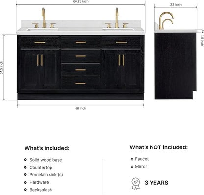 ARIEL Hepburn 66-inch Bathroom Vanity with Sink,Solid Wood, 1.5-inch Carrara White Quartz Countertop, Double Rectangular Porcelain Sink, 4 Soft Closing Doors, 6 Dovetail Drawers, Black Oak