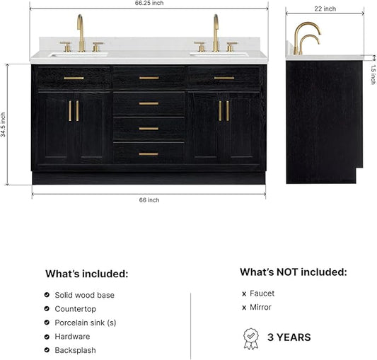 ARIEL Hepburn 66-inch Bathroom Vanity with Sink,Solid Wood, 1.5-inch Carrara White Quartz Countertop, Double Rectangular Porcelain Sink, 4 Soft Closing Doors, 6 Dovetail Drawers, Black Oak
