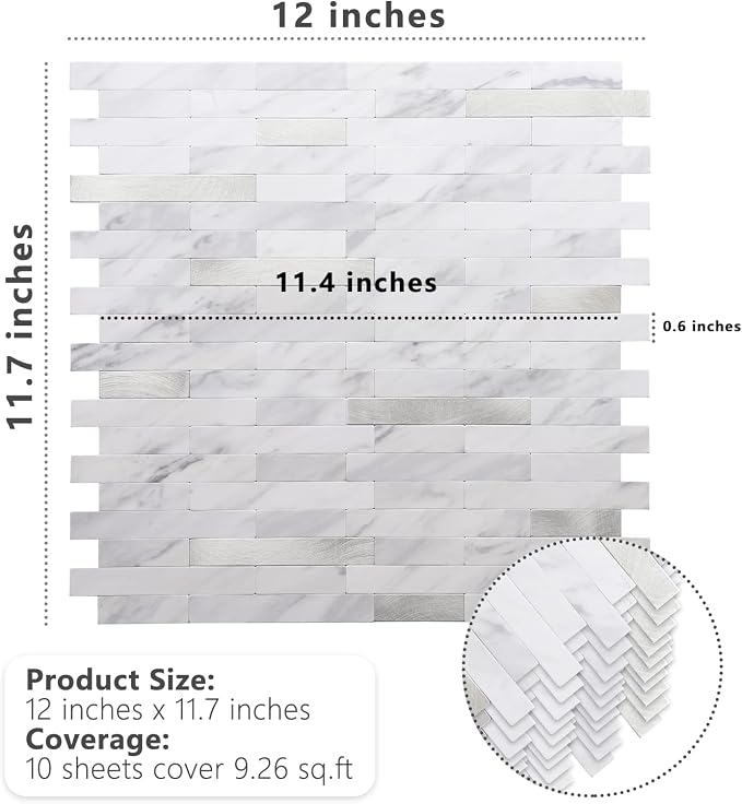 STICKGOO Peel and Stick Backsplash, PVC Wall Tiles Stick on Backsplash for Kitchen(1 Sheet, White Marble with Metal Silver)