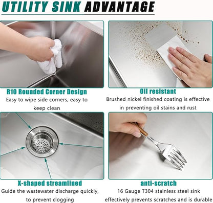 Undermount Laundry Sink with Faucet Combo, 23"x18"x12" Laundry Utility Sink Stainless Steel 12" Deep Laundry Room Sink 16 Gauge Single Bowl Undermount Kitchen Sinks