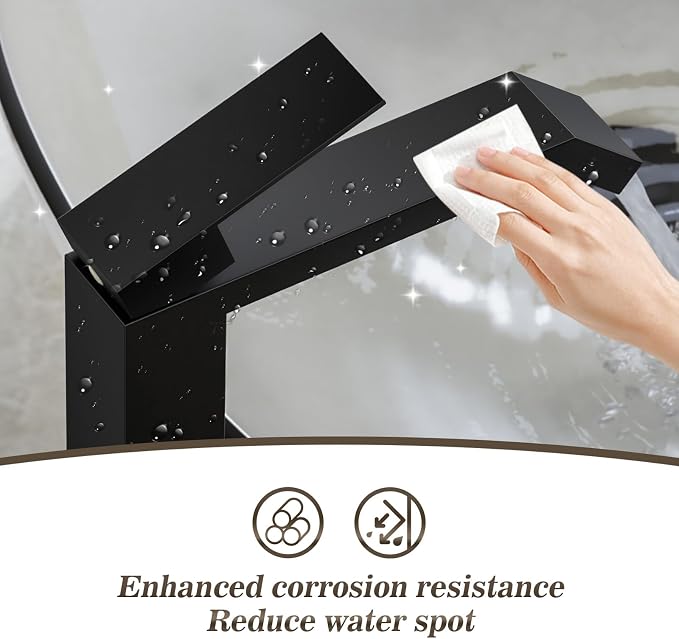 Single Handle Tall Bathroom Vessel Sink Faucet,Matte Black Square Single Hole Waterfall Above Counter Sink Faucet with Metal Pop Up Drain Without Overflow and Water Supply Line,FH05-MB-V