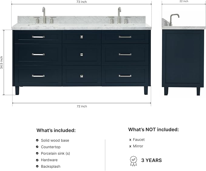 ARIEL Monroe 72-inch Bathroom Vanity with Sink,Solid Wood, 1.5-inch Italian Carrara Marble Countertop & Backsplash, Double Oval Porcelain Sink, 9 Dovetail Drawers, Brushed Nickel, Midnight Blue
