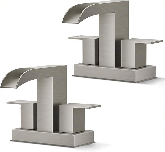 FORIOUS Brushed Nickel Bathroom Faucets for 2 Hole or 3 Hole, Waterfall 4 Inch Centerset Bathroom Sink Faucet with Metal Pop-up Drain and Supply Lines, Two Handles for Vanity, 2 Pack