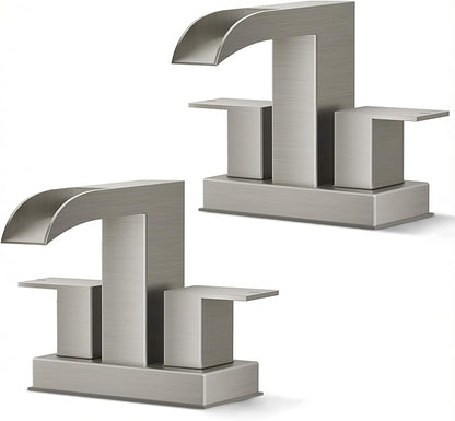 FORIOUS Brushed Nickel Bathroom Faucets for 2 Hole or 3 Hole, Waterfall 4 Inch Centerset Bathroom Sink Faucet with Metal Pop-up Drain and Supply Lines, Two Handles for Vanity, 2 Pack