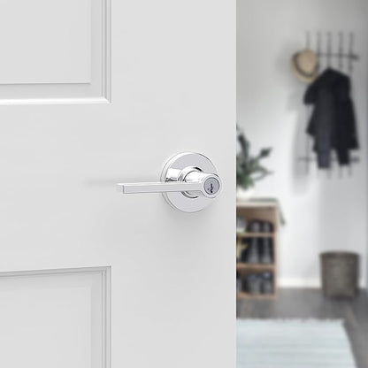 Kwikset Casey Entry Door Handle with Lock and Key, Secure Keyed Reversible Lever Exterior, for Front Entrance and Bedrooms, Polished Chrome, 4 Pack, Pick Resistant SmartKey Rekey Security