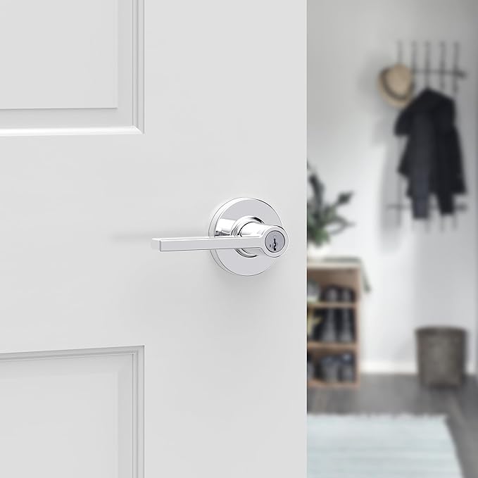 Kwikset Casey Entry Door Handle with Lock and Key, Secure Keyed Reversible Lever Exterior, for Front Entrance and Bedrooms, Polished Chrome, 10 Pack, Pick Resistant SmartKey Rekey Security