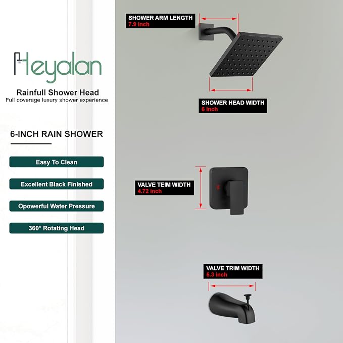 Heyalan 6 Inch Shower Faucet Set with Tub Spout and Valve,Matte Black | 6-inch square rainfall head, tub spout with diverter, male-thread rough-in valve, single-handle control and wall-mount design