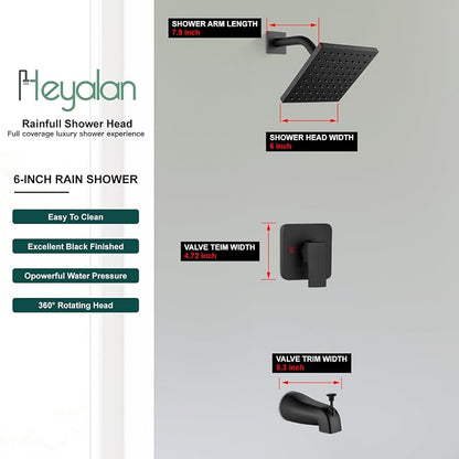 Heyalan 6 Inch Shower Faucet Set with Tub Spout and Valve,Matte Black | 6-inch square rainfall head, tub spout with diverter, male-thread rough-in valve, single-handle control and wall-mount design