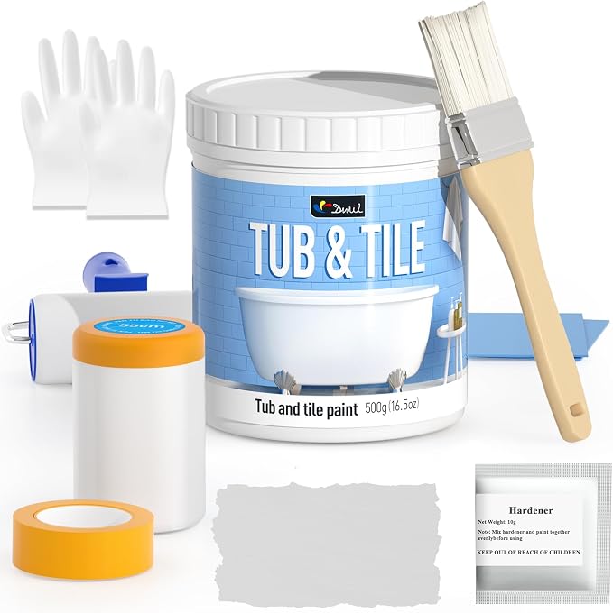 DWIL Tile Paint, Tub and Tile Refinishing Kit with Tools, Bathtub Paint, Water Based &Low Odor, Easy to Use for Bathroom Kitchen,Semi-Gloss Light Grey