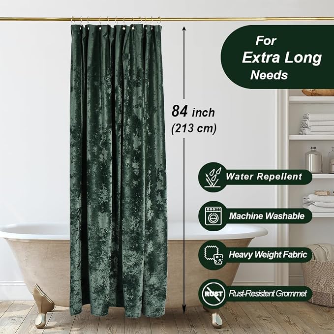 TAMGHO Extra Long Shower Curtain 84 inch Height, Crushed Velvet XL Shower Curtain Set with 12 Gold Hooks, Waterproof Thick Fabric, Machine Washable, 72W x 84H, Dark Green