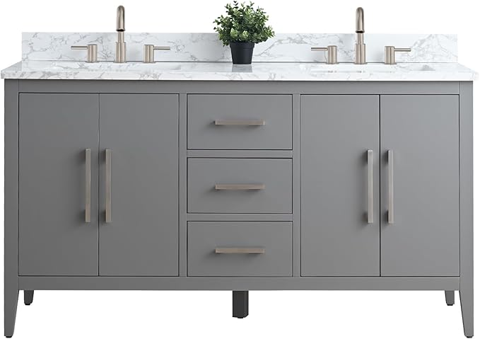 Vanity Art 60 inch Bathroom Vanity with Double Sink & Ceramic Top, Vanity Cabinet with Soft-Closing Doors, Drawers, Solid Wood Frame, Cashmere Gray,VA9060-DG-BN1