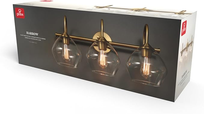 Globe Electric 63000103 26" 3-Light Vanity Fixture, Brass Finish, Clear Glass Shades, Beauty Room Accessories, Bathroom Lighting Over Mirror, Makeup Lights, Wall Light, Home Essentials, House Décor