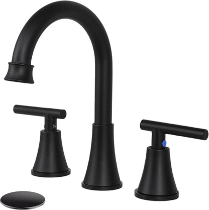 HOTIS Black Bathroom Faucet 3 Hole, 2 Handle 360° Swivel Matte Black 8 Inch Widespread Bathroom Sink Faucet, Lavatory Sink Faucet with Pop-up Drain and Supply Lines, HT-BF302
