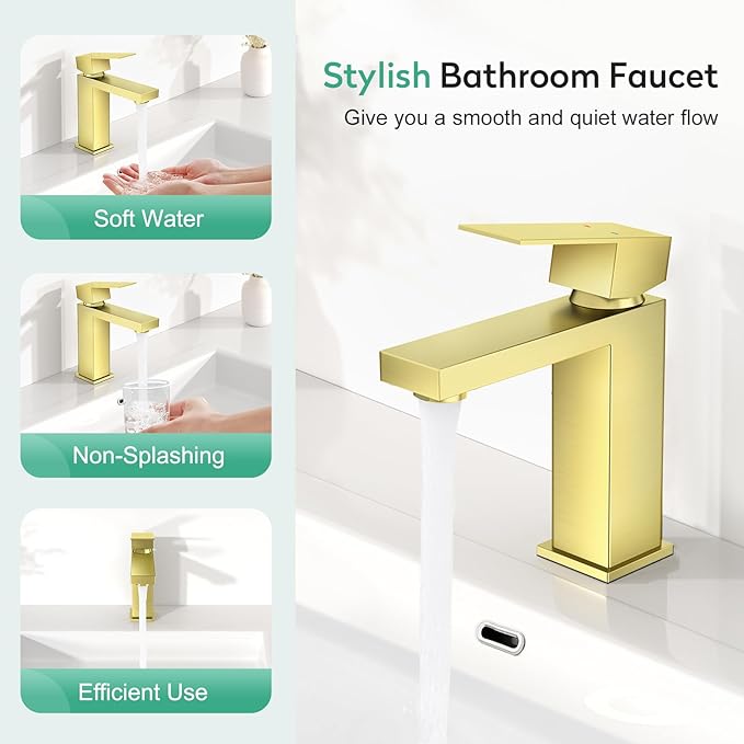Faustina Light Gold Bathroom Faucet, Single Handle Stainless Steel Bathroom Vanity Faucet with Metal Pop-Up Drain & Deck Plate for 1 or 3 Hole