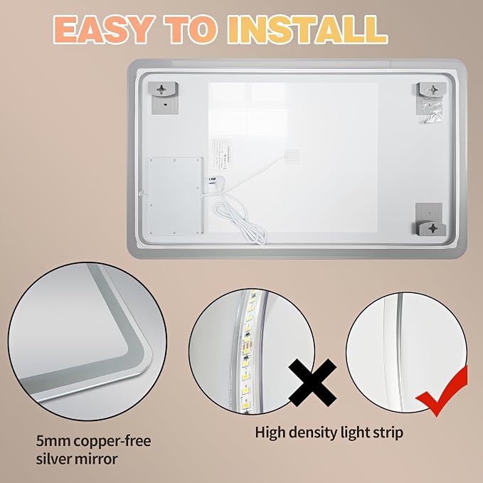 Niccy Rectangle LED Bathroom Mirrors, Vanity Mirror with Lights, 30"x48" | Frameless Lighted Mirror for Bedroom Living Room, 3 Colors & Stepless Dimmable Anti-Fog Memory Function, Horizontal/Vertical
