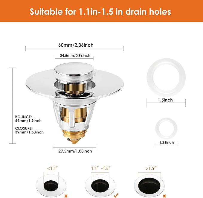 Universal Bathroom Sink Stopper, Basin Pop-up Bathroom Sink Drain Strainer, Bathroom Drain Stopper with Stainless Steel Hair Catcher for 1.1-1.5 Inch Drain(1 PCS, Silver)