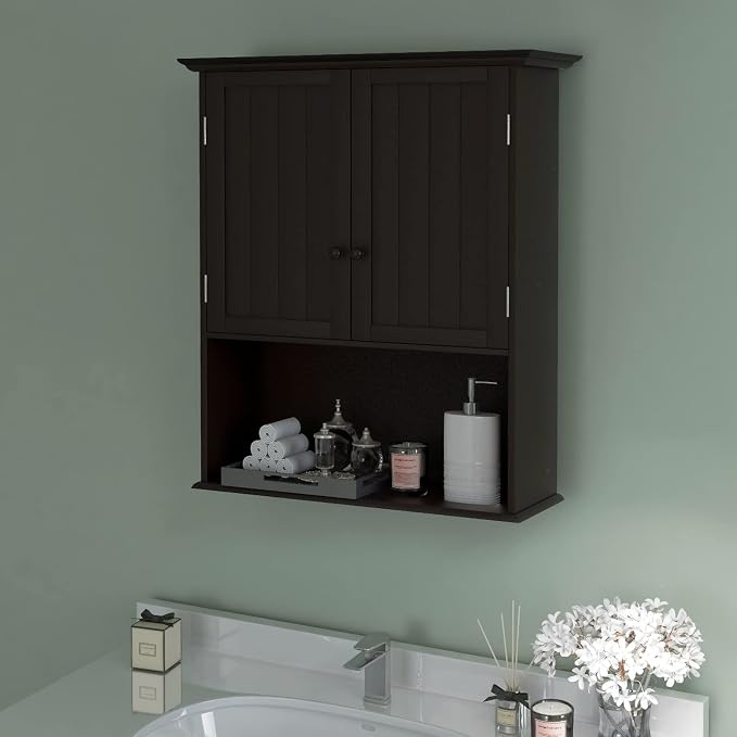 Tangkula Wall Mount Bathroom Cabinet Wooden Medicine Cabinet Storage Organizer with 2-Doors and 1-Shelf Cottage Collection Wall Cabinet (Espresso)