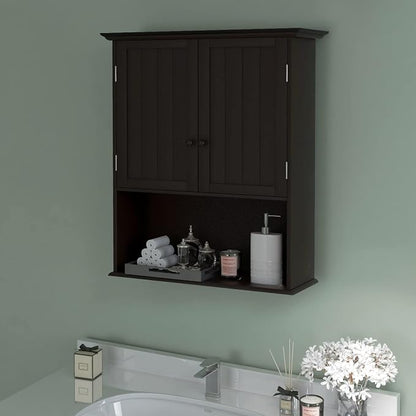 Tangkula Wall Mount Bathroom Cabinet Wooden Medicine Cabinet Storage Organizer with 2-Doors and 1-Shelf Cottage Collection Wall Cabinet (Espresso)