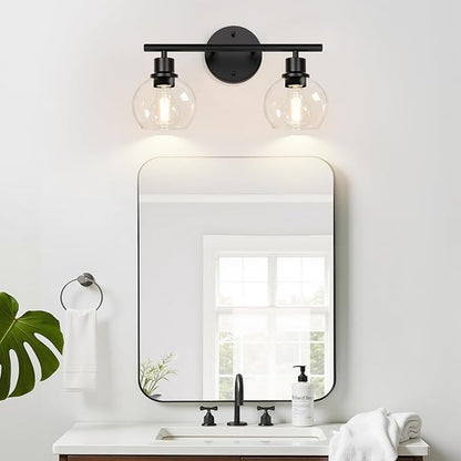 2-Light Bathroom Vanity Light, Matte Black Bathroom Light Fixture Over Mirror with Clear Glass Globe Shades, Modern Farmhouse Wall Sconce for Bathroom, Kitchen, Bedroom, Hallway