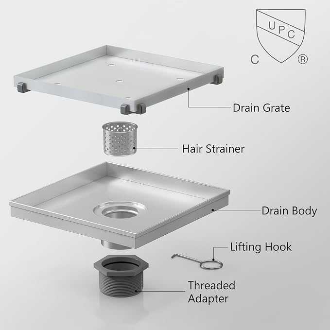 8 Inch Square Shower Drain with Tile Insert Grate, Brushed | 304 Stainless Steel, Square Tile Floor Drain for Bathroom, Removable Tile-In Drain Grate with Hair Strainer, cUPC Certified