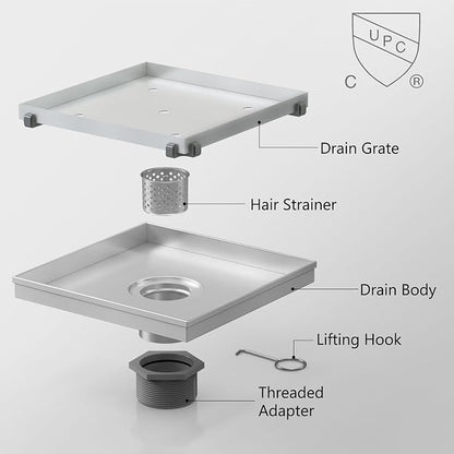 8 Inch Square Shower Drain with Tile Insert Grate, Brushed | 304 Stainless Steel, Square Tile Floor Drain for Bathroom, Removable Tile-In Drain Grate with Hair Strainer, cUPC Certified