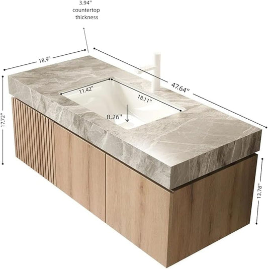 KEIKI 48 Inch Floating Bathroom Vanity with Sink, Modern Wall Mounted Storage Cabinet with Drawer, Pre-Assembled Waterproof Wood Panels, Sintered Stone Top & Ceramic Basin Combo Set, White Oak & Grey