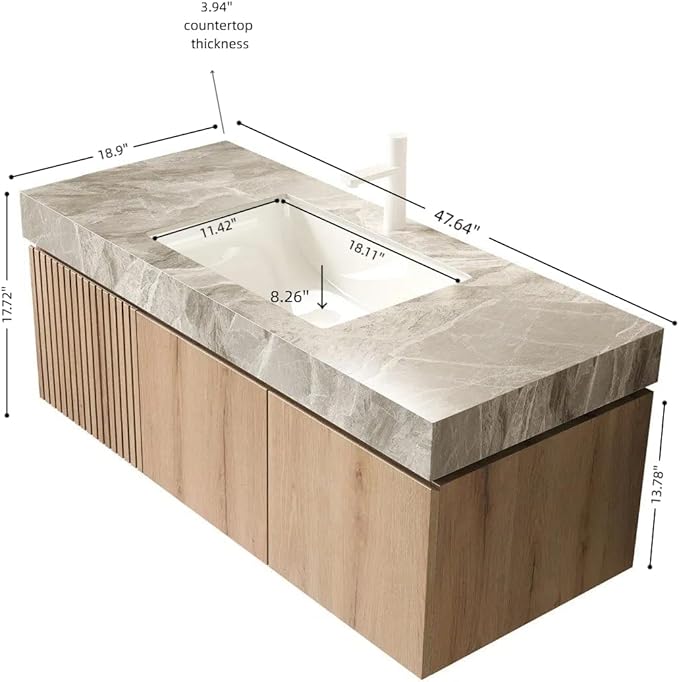 48 Inch Floating Bathroom Vanity with Sink, Wall-Mounted Bathroom Vanity with Drawer and 2 Doors, Light Gray Sintered Stone Countertop and Ceramic Basin, Pre-Assembled, White Oak Woodgrain