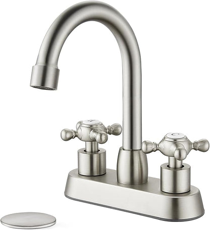 4 Inch Centerset Bathroom Faucets Double Cross Handle Bathroom Sink Faucet Deck Mounted Vintage RV Farmhouse Vanity Basin Mixer Tap with Pop up Drain,Brushed Nickel