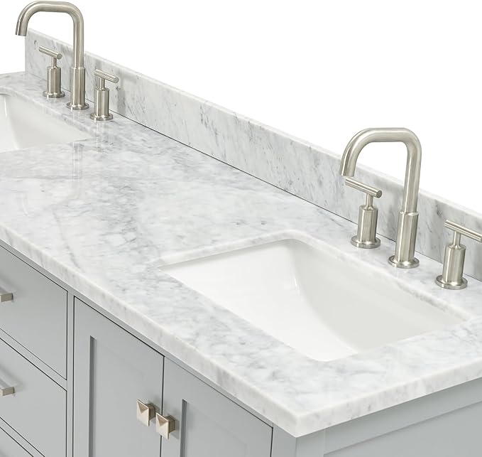 ARIEL Cambridge 66-inch Bathroom Vanity with Sink,Solid Wood, 0.75-inch Italian Carrara Marble Countertop, Double Rectangular Porcelain Sink, 4 Soft Closing Doors, 6 Dovetail Drawers, Grey