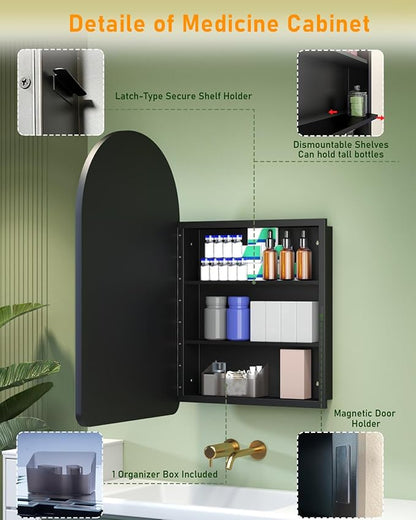 19.7"x31.5" Black Medicine Cabinet with Mirror, Arched Medicine Cabinet with Mirror for Bathroom Vanity Wall Mounted & Recessed with 1 Organizer, 2 Stable and Removable Shelves, Easy Installation