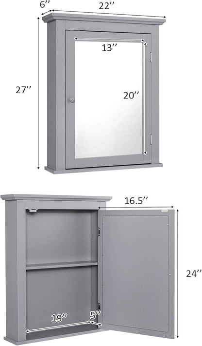 Tangkula Bathroom Cabinet with Mirror, Mirrored Wall-Mounted Storage Medicine Cabinet w/Single Door & Adjustable Shelf in 5 Positions, Multipurpose Wall Cabinet for Bathroom (Gray)