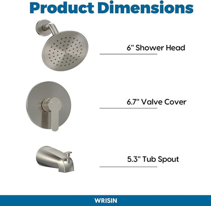 Tub Shower Faucet Set with Valve, WRISIN Shower Faucets Sets Complete Brushed Nickel with 6 Inch High-Pressure Rian Showerhead