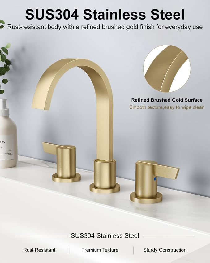 Brushed Gold 3 Hole Bathroom Faucet,8" Widespread Vanity Faucet | 2 Handle Waterfall Bathroom Sink Faucet with Pop-Up Drain,Supply Lines,360° Swivel Spout,Lead-Free Stainless Steel,Deck Mount