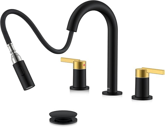 KENES Black and Gold Pull Out Widespread Bathroom Faucet 3 Hole, 8 Inch 2 Handle Bathroom Sink Faucet with Pull Down Sprayer, Vanity Faucet with Pop Up Drain and Supply Lines LJ-9068-BG