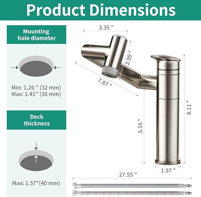 Modern Bathroom Faucet 1 Hole with Temperature Display(Batteries-Free), 1080° Rotatable Single Hole Bathroom Faucet, Single Handle Bathroom Vanity Faucets, 2 Spray Modes (Brushed Nickel)