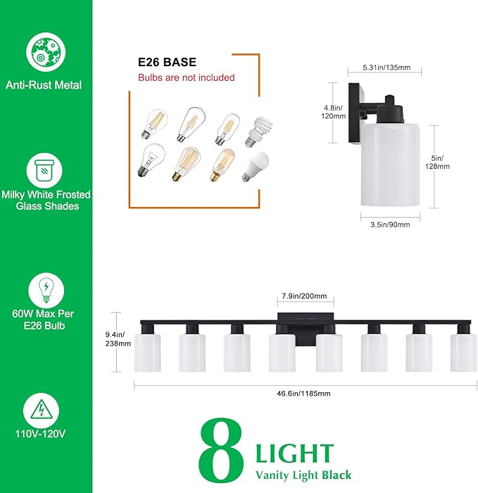 8 Light Bathroom Vanity Light, Black Bathroom Light Fixtures, 8-Light Vanity Lights for Huge Mirror, Matte Black 8 Light Wall Sconce with Milky White Frosted Glass Shades for Living Room Bath Makeup
