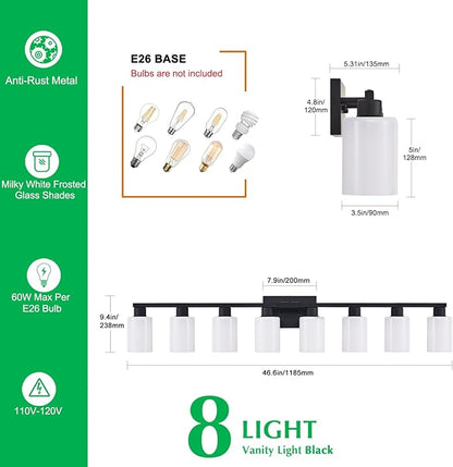 8 Light Bathroom Vanity Light, Black Bathroom Light Fixtures, 8-Light Vanity Lights for Huge Mirror, Matte Black 8 Light Wall Sconce with Milky White Frosted Glass Shades for Living Room Bath Makeup