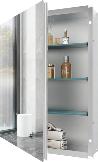 Bathroom Medicine Cabinet, 20x26 inch Mirror Cabinet of Aluminum, Assembly Needed, Surface Mount or Recessed, Medicine Cabinet with Mirror, Adjustable Glass Shelves, Waterproof for Bathroom