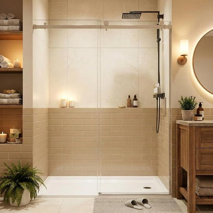 44-48" W x 76" H Frameless Sliding Shower Door, 1/4" (6mm) Clear Tempered Glass with Easy-to-Clean Coating, Brushed Nickel Square Rail, Ideal for Bathroom